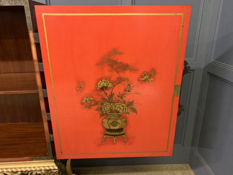 Red Lacquered Chinoiserie Cabinet on Stand