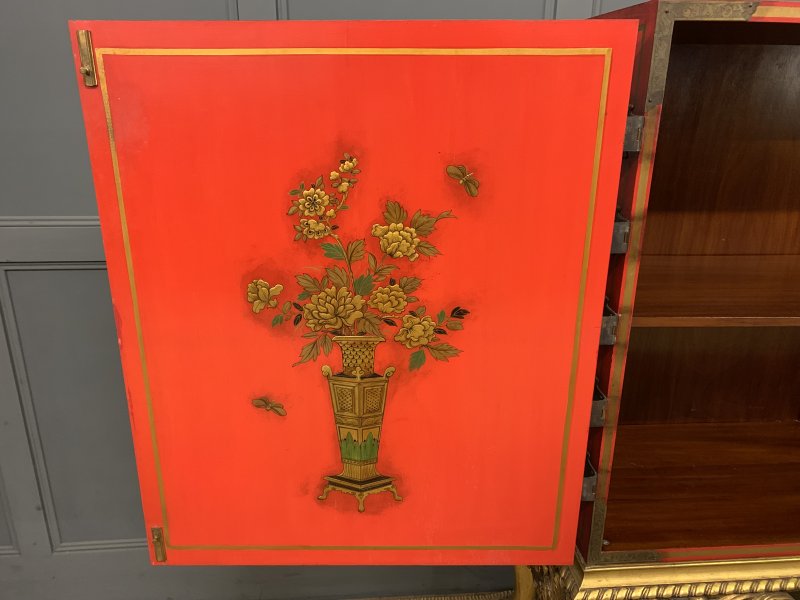 Red Lacquered Chinoiserie Cabinet on Stand
