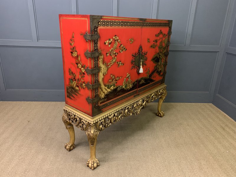 Red Lacquered Chinoiserie Cabinet on Stand