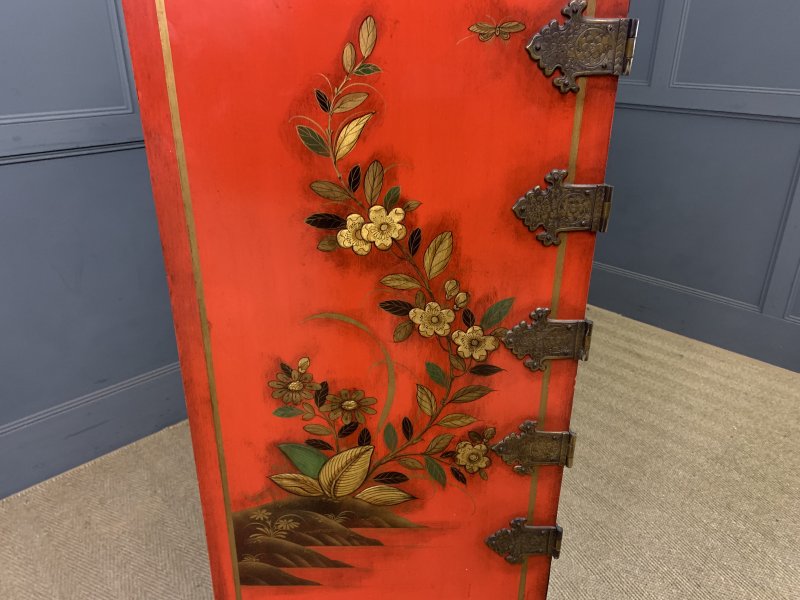 Red Lacquered Chinoiserie Cabinet on Stand