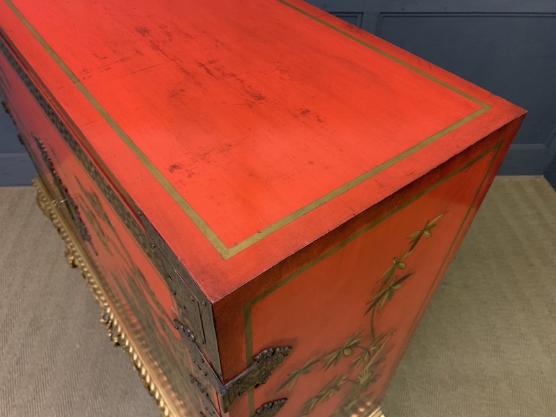 Red Lacquered Chinoiserie Cabinet on Stand