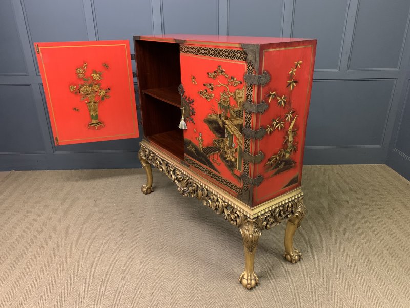 Red Lacquered Chinoiserie Cabinet on Stand