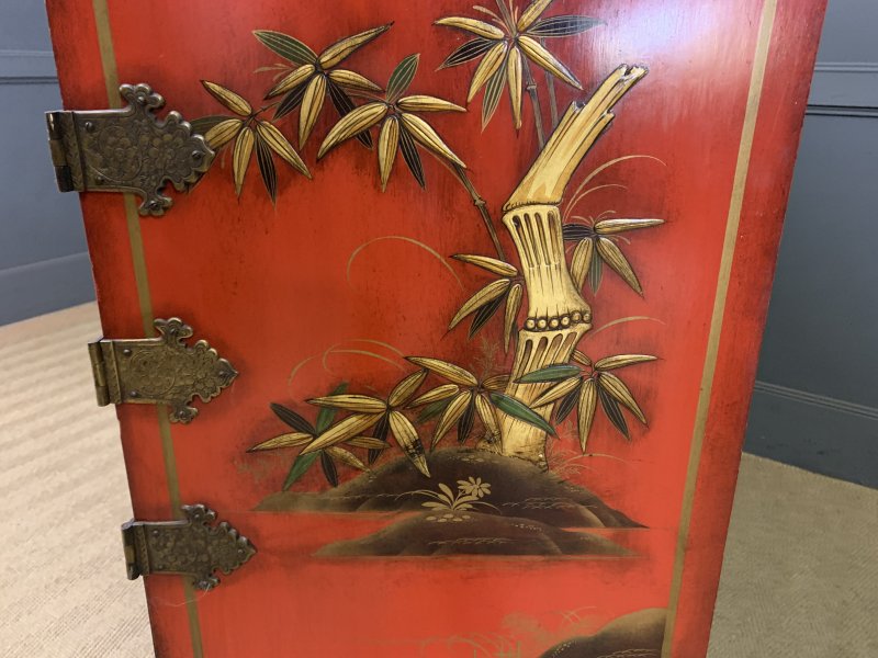Red Lacquered Chinoiserie Cabinet on Stand