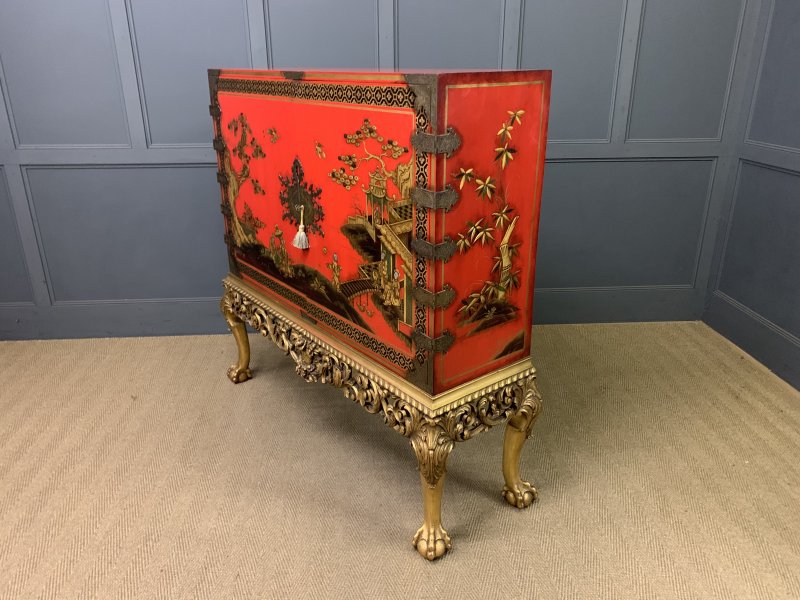 Red Lacquered Chinoiserie Cabinet on Stand