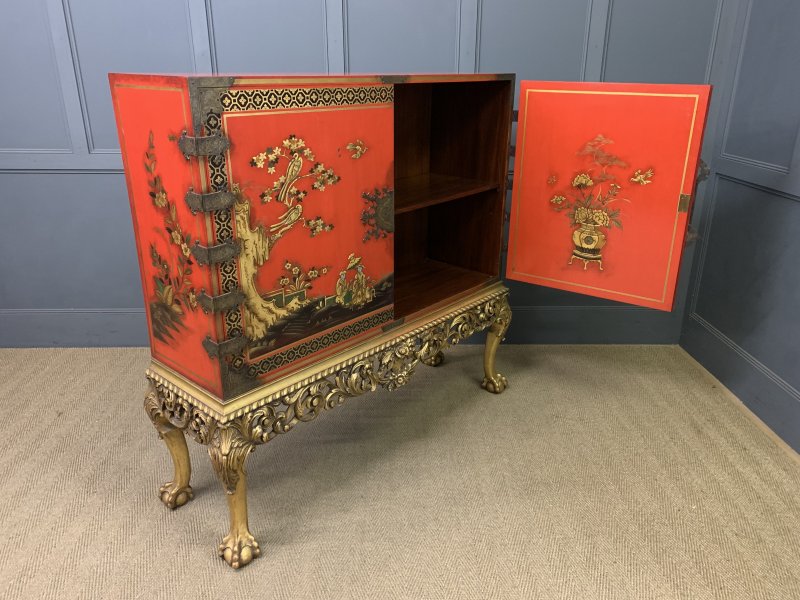 Red Lacquered Chinoiserie Cabinet on Stand
