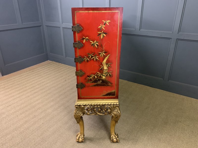Red Lacquered Chinoiserie Cabinet on Stand