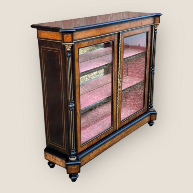 Victorian Aesthetic Movement Amboyna & Ebonised Glass Double Door Pier Cabinet