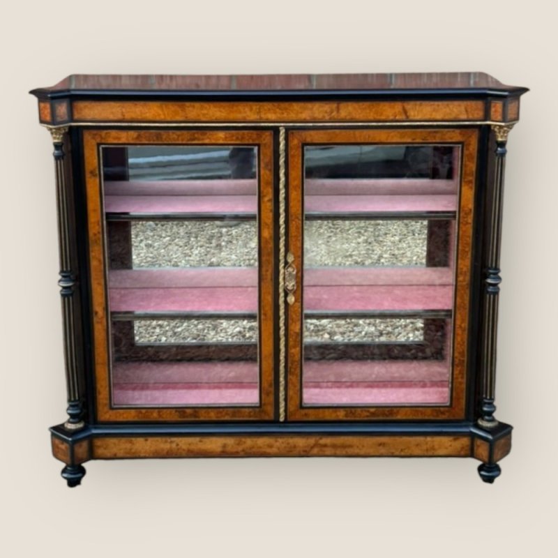 Victorian Aesthetic Movement Amboyna & Ebonised Glass Double Door Pier Cabinet