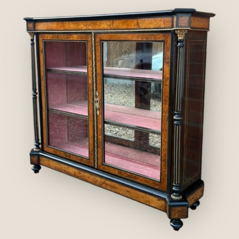 Victorian Aesthetic Movement Amboyna & Ebonised Glass Double Door Pier Cabinet