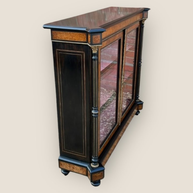 Victorian Aesthetic Movement Amboyna & Ebonised Glass Double Door Pier Cabinet