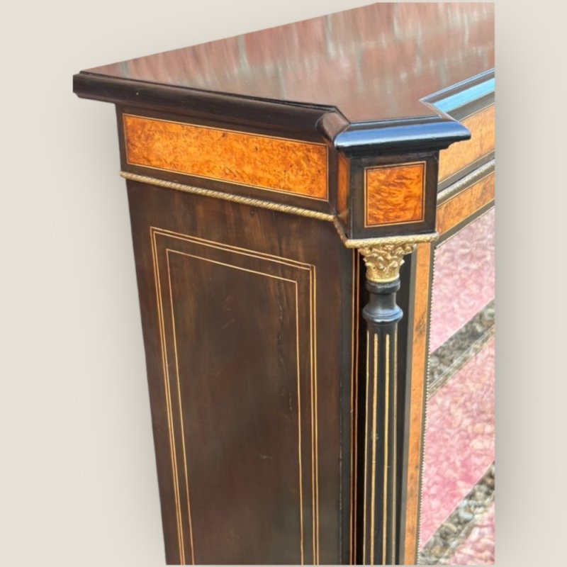 Victorian Aesthetic Movement Amboyna & Ebonised Glass Double Door Pier Cabinet
