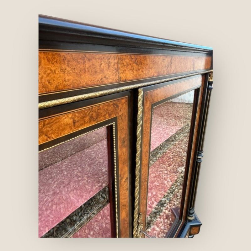 Victorian Aesthetic Movement Amboyna & Ebonised Glass Double Door Pier Cabinet