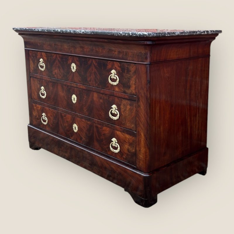 Antique 19th Century French Flame Mahogany & Brass Handled Marble Topped Commode