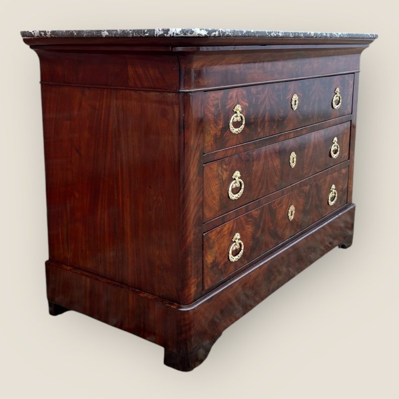Antique 19th Century French Flame Mahogany & Brass Handled Marble Topped Commode