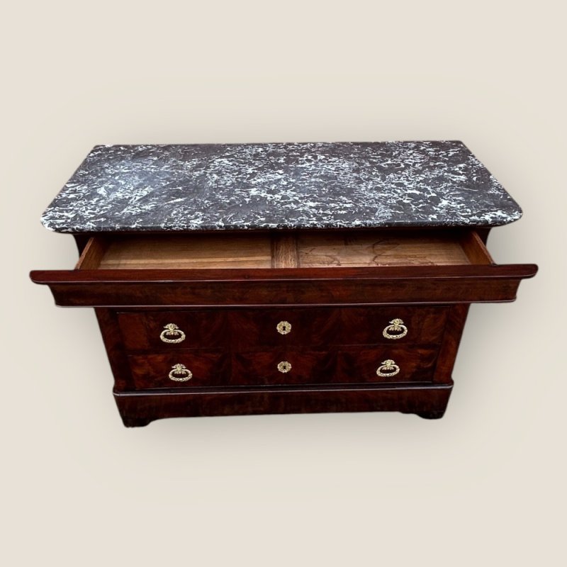 Antique 19th Century French Flame Mahogany & Brass Handled Marble Topped Commode