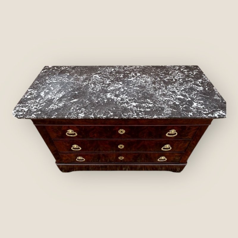 Antique 19th Century French Flame Mahogany & Brass Handled Marble Topped Commode