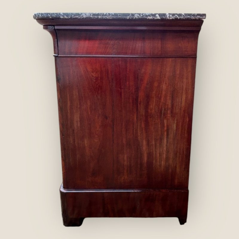 Antique 19th Century French Flame Mahogany & Brass Handled Marble Topped Commode