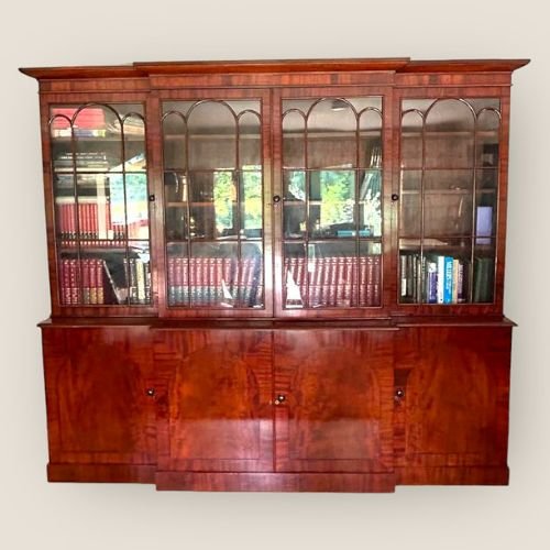 Large Antique William IV Mahogany Breakfront Library Bookcase With Cupboards