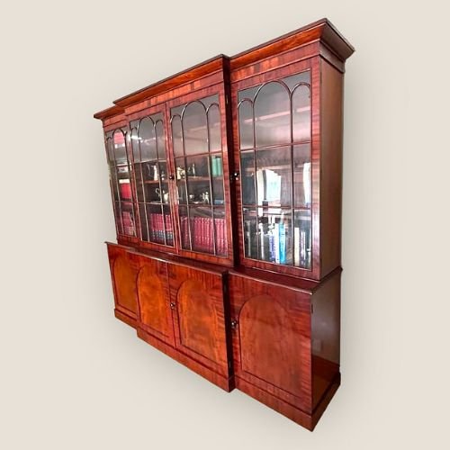 Large Antique William IV Mahogany Breakfront Library Bookcase With Cupboards