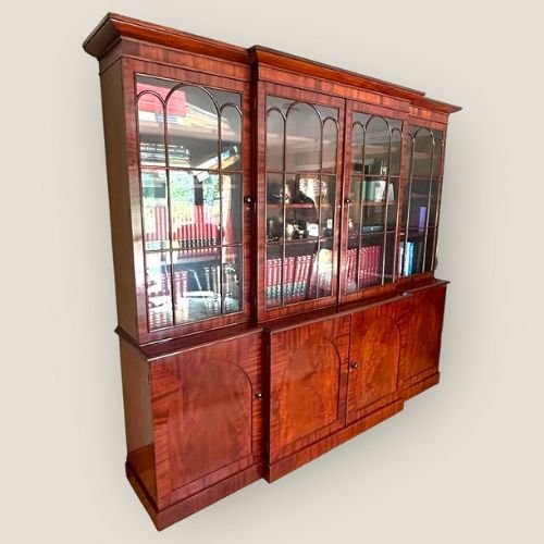 Large Antique William IV Mahogany Breakfront Library Bookcase With Cupboards