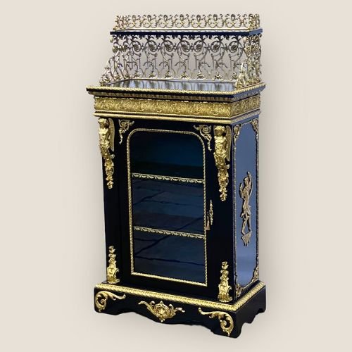Antique French Napoleon III Brass & Ebonised Pier Display Cabinet With A Gallery