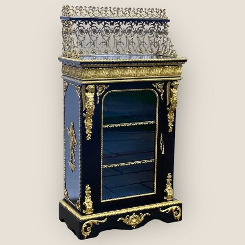 Antique French Napoleon III Brass & Ebonised Pier Display Cabinet With A Gallery