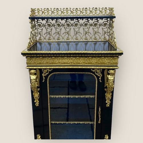 Antique French Napoleon III Brass & Ebonised Pier Display Cabinet With A Gallery
