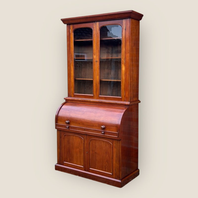 Antique Victorian Walnut Cylinder Bureau Bookcase With Writing Desk & Cupboard