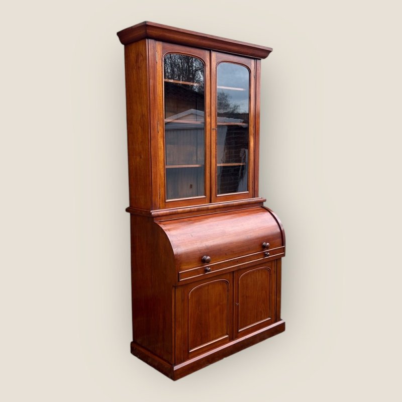 Antique Victorian Walnut Cylinder Bureau Bookcase With Writing Desk & Cupboard