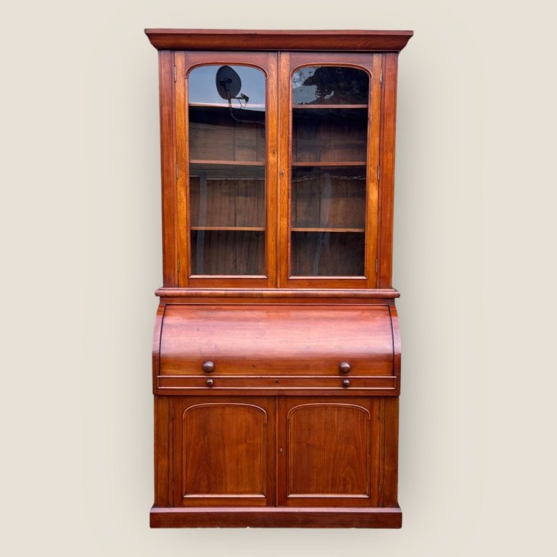 Antique Victorian Walnut Cylinder Bureau Bookcase With Writing Desk & Cupboard