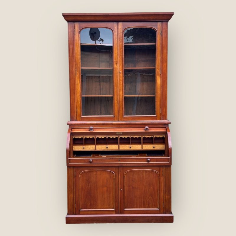 Antique Victorian Walnut Cylinder Bureau Bookcase With Writing Desk & Cupboard
