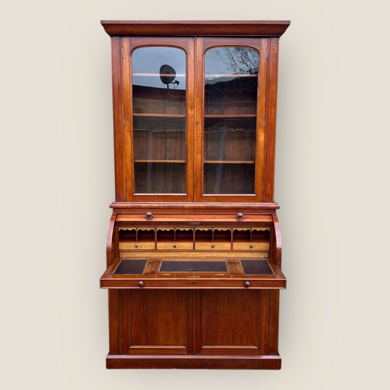 Antique Victorian Walnut Cylinder Bureau Bookcase With Writing Desk & Cupboard