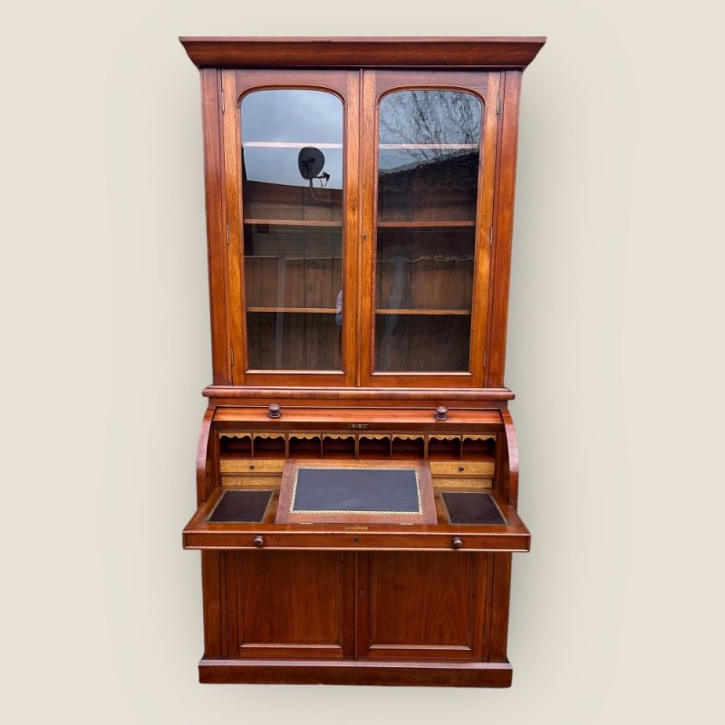 Antique Victorian Walnut Cylinder Bureau Bookcase With Writing Desk & Cupboard