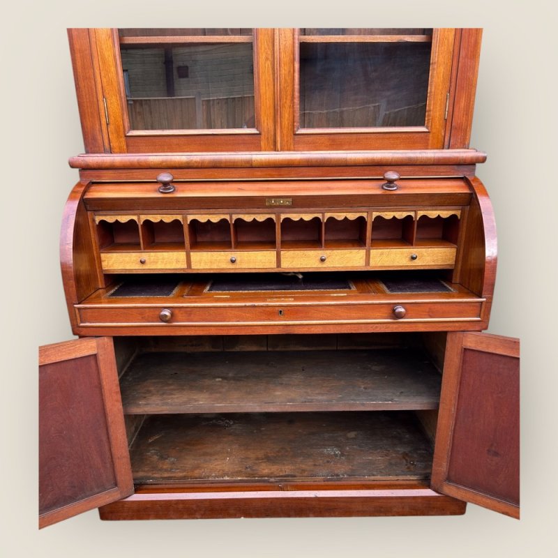 Antique Victorian Walnut Cylinder Bureau Bookcase With Writing Desk & Cupboard
