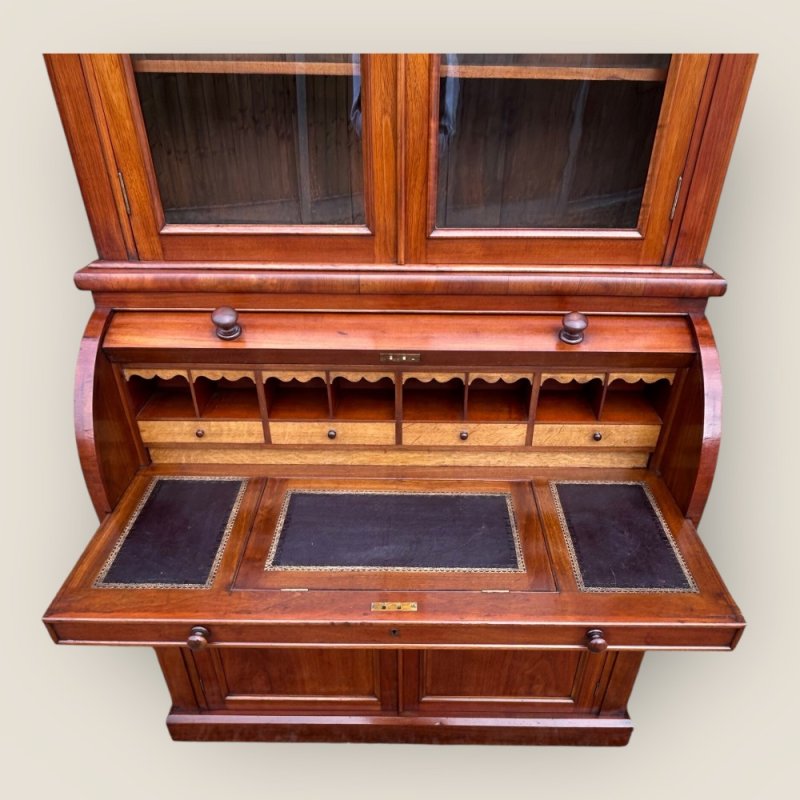 Antique Victorian Walnut Cylinder Bureau Bookcase With Writing Desk & Cupboard