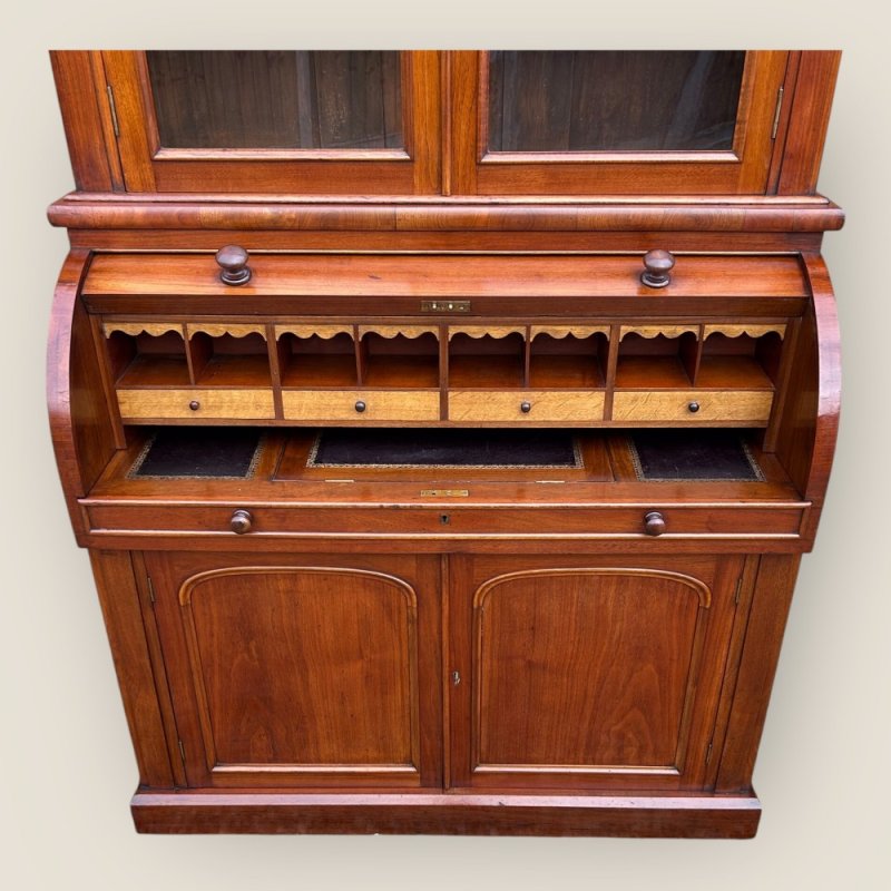 Antique Victorian Walnut Cylinder Bureau Bookcase With Writing Desk & Cupboard