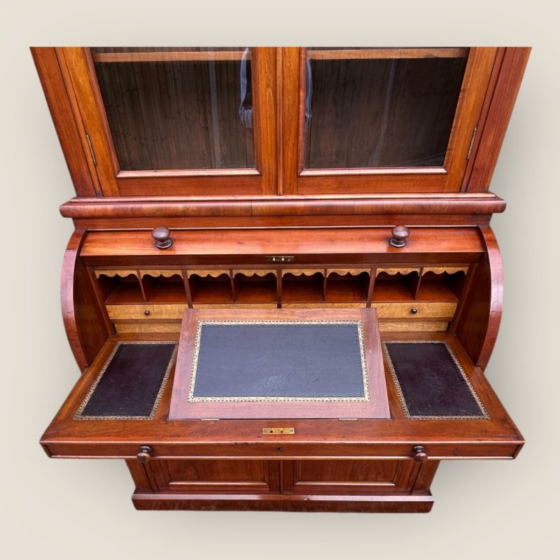 Antique Victorian Walnut Cylinder Bureau Bookcase With Writing Desk & Cupboard