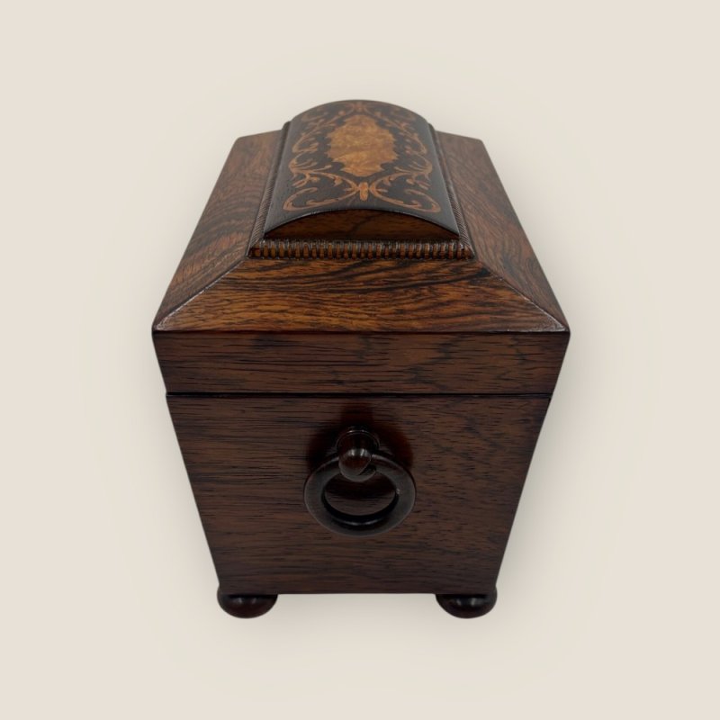 Antique Regency Rosewood Brass & Floral Marquetry Inlaid Sarcophagus Tea Caddy