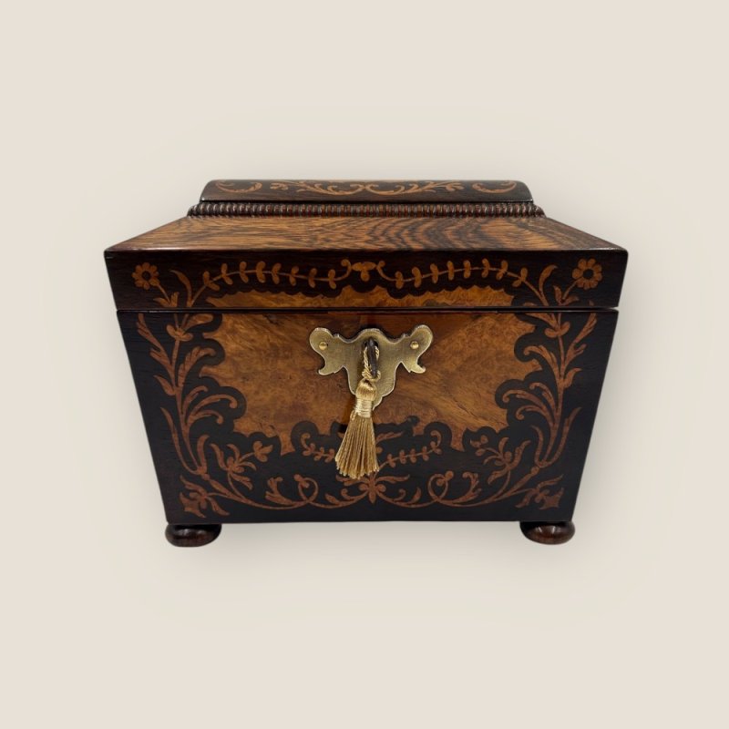 Antique Regency Rosewood Brass & Floral Marquetry Inlaid Sarcophagus Tea Caddy