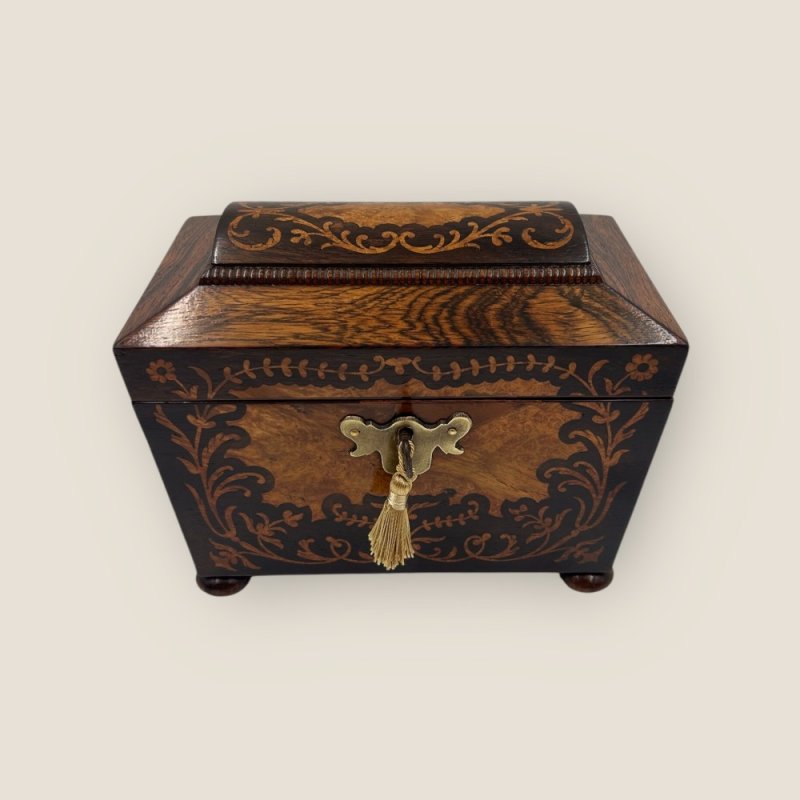 Antique Regency Rosewood Brass & Floral Marquetry Inlaid Sarcophagus Tea Caddy