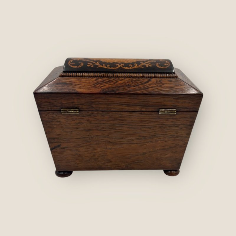 Antique Regency Rosewood Brass & Floral Marquetry Inlaid Sarcophagus Tea Caddy