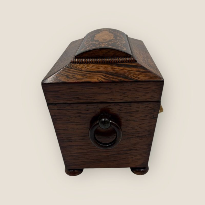 Antique Regency Rosewood Brass & Floral Marquetry Inlaid Sarcophagus Tea Caddy
