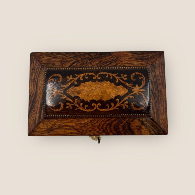 Antique Regency Rosewood Brass & Floral Marquetry Inlaid Sarcophagus Tea Caddy