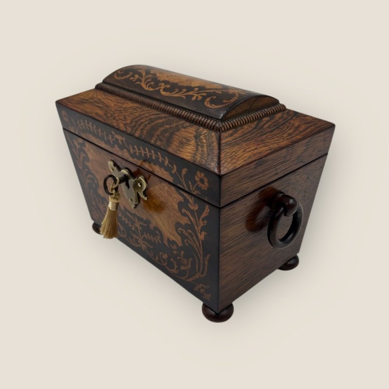 Antique Regency Rosewood Brass & Floral Marquetry Inlaid Sarcophagus Tea Caddy