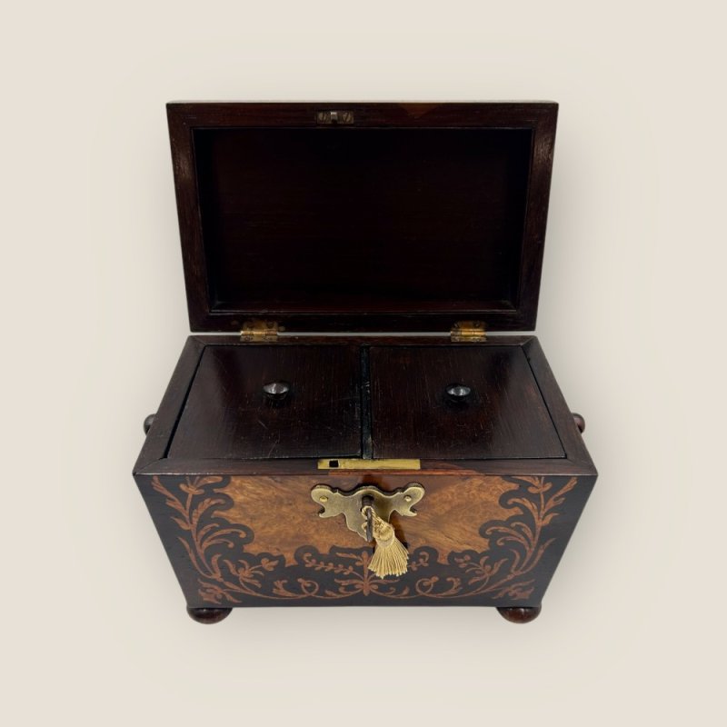 Antique Regency Rosewood Brass & Floral Marquetry Inlaid Sarcophagus Tea Caddy