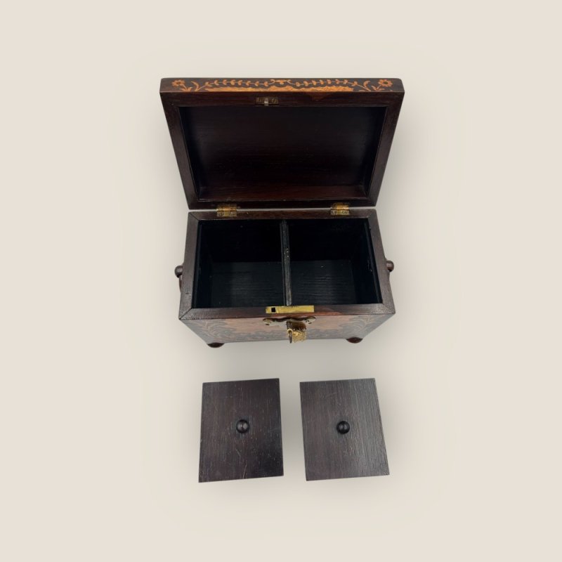 Antique Regency Rosewood Brass & Floral Marquetry Inlaid Sarcophagus Tea Caddy
