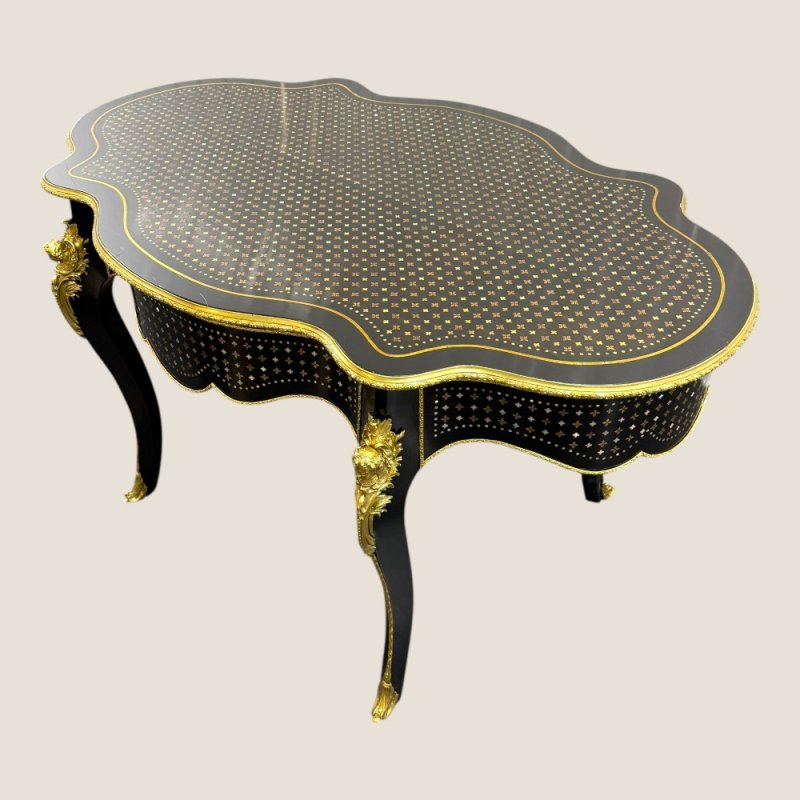 Antique Rare French Napoleon III Boulle Brass Serpentine Center Table