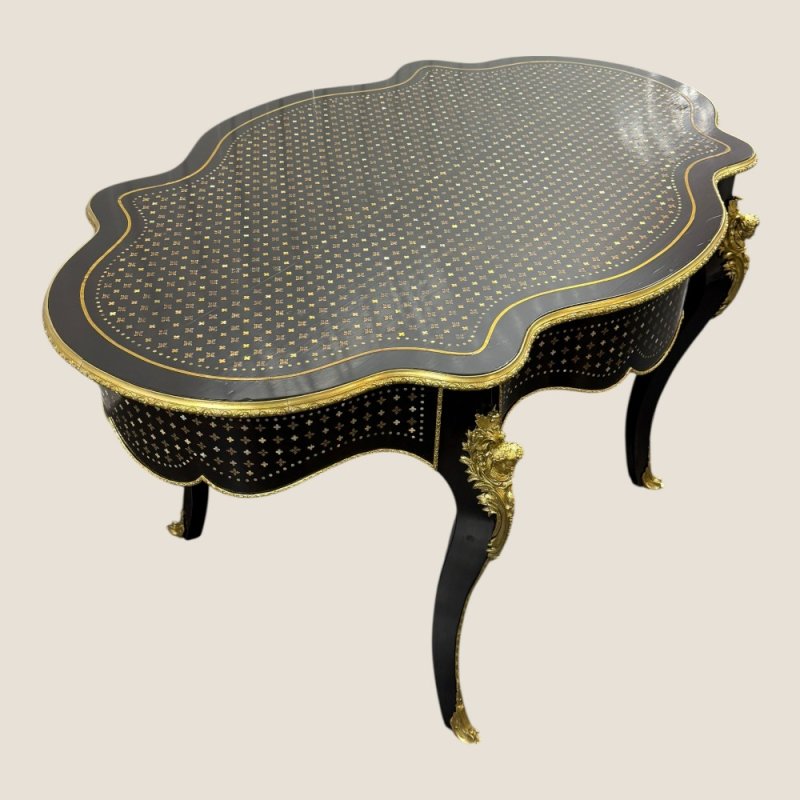 Antique Rare French Napoleon III Boulle Brass Serpentine Center Table