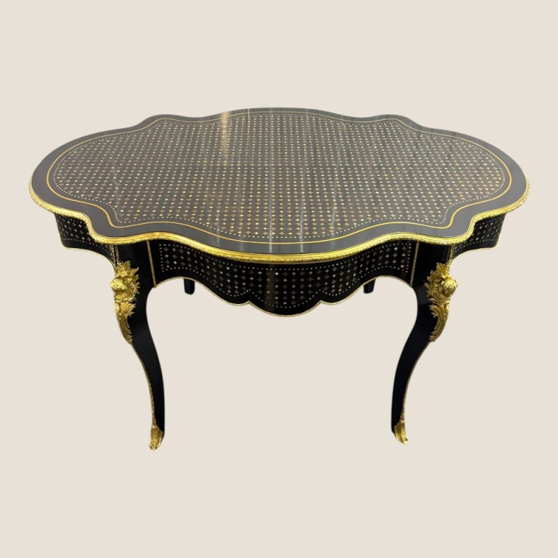 Antique Rare French Napoleon III Boulle Brass Serpentine Center Table