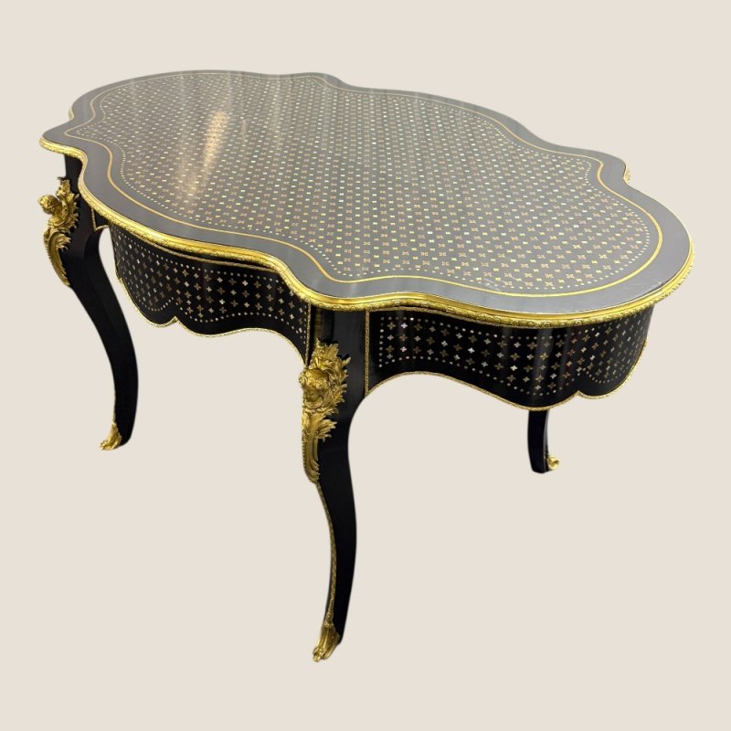 Antique Rare French Napoleon III Boulle Brass Serpentine Center Table